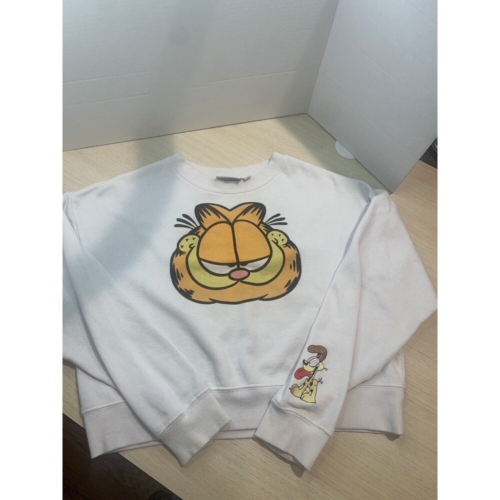 Vintage Garfield Cropped White Sweatshirt with Odie on Wrist Sz M, has wear